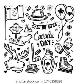 canada day icon doodle drawing sticker set collection, coloring vector art