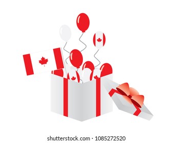 Canada day icon - canada flag, Red and white balloons flying from a white box with red ribbon