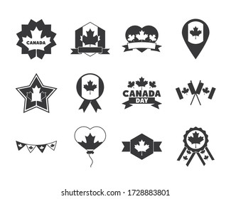 canada day, independence freedom national patriotism celebration icons set vector illustration silhouette style icon