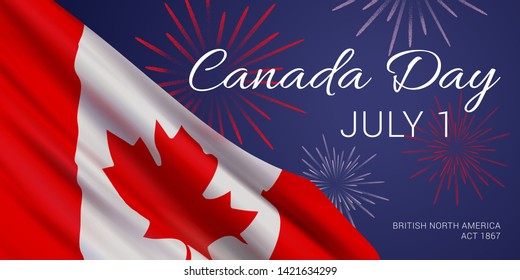 Canada Day, July 1, vector banner design template with flag of Canada, fireworks, and text on dark blue background.