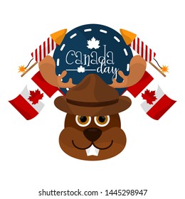 Canada day label with a bear wearing a hat and firework rockets - Vector