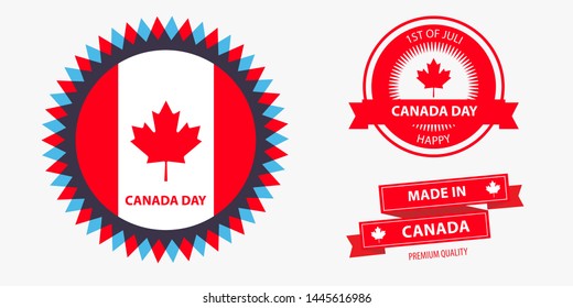 Canada Day. Made in Canada labels, badges and stickers vector illustration. Set of design Canada flag in quality icon