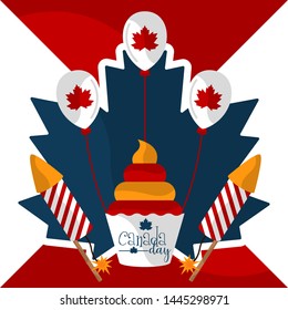 Canada day maple leaf with a cupcake and a pair of firework rockets - Vector