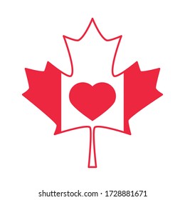 canada day, maple leaf flag and heart celebration vector illustration flat style icon