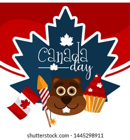 Canada day maple leaf label with a beaver avatar, a flag, a firework rocket and a cupcake - Vector