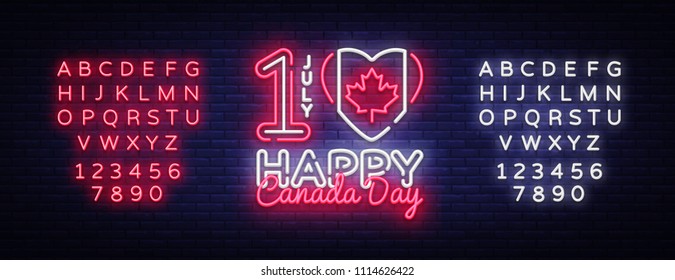 Canada Day Neon Vector Design Template. Happy Canada Day Illustration festive, colorful flyer, banner light, modern design. Vector illustration. Editing text neon sign