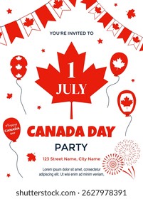 Canada Day Party Invitation Template. 1 July is  Canada Day social media post banner. Red Maple Leaf, Balloons and Fireworks for Canadian Independence Day