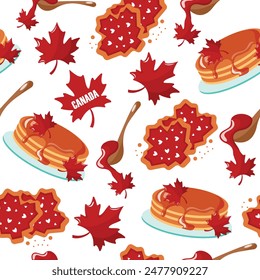 canada day pattern with maple leaf, gingerbread with a wedge leaf design, maple syrup spoon and maple syrup maple leaf pancakes