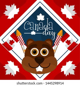 Canada day poster with a beaver avatar, flags and firework rockets - Vector