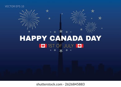 Cartel del Día de Canadá con banderas y fuegos artificiales