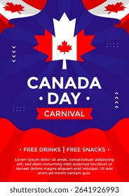 Canada Day poster template with maple leaf. Canada Day carnival poster with Canadian flag on blue vertical background