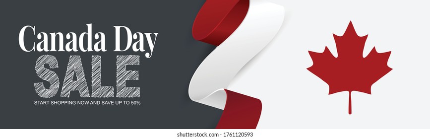 Canada day sale banner or header background. July 1 national holiday. Canadian flag waving ribbon with maple leaf. Vector illustration red and white colors.