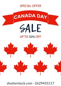 Canada Day Sale poster. Banner for independence day Canada with with maple leaves, red ribbon. Advertising, flyer for special discount offer. Vector Illustration