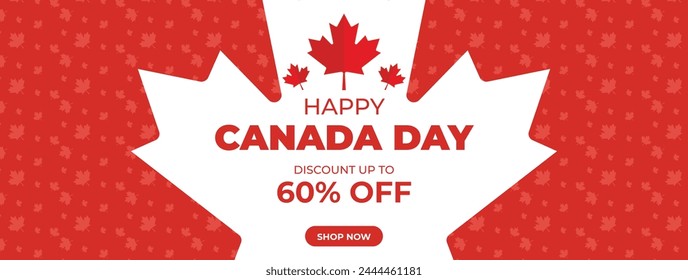 In: Canada Day Sale Web Banner. Happy Canada Independence Day Mega Big Sale Banner Hintergrund Illustration. Canada Day Weekend Promotion Rabatt Banner. Erster Juli Festliche Musik Sonderangebot Vorlage