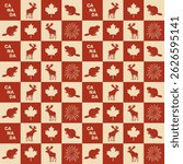 Canada Day seamless pattern featuring a red maple leaf, silhouette of a beaver, moose, and fireworks. Design in flat minimalistic retro style. Vector illustration.