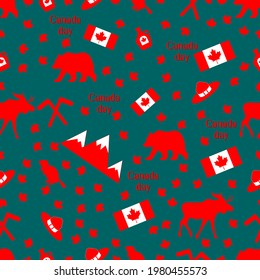 Canada day. Seamless pattern with maple, flag, moose and hat, beaver and bear, mountains, maple syrup. Vector illustration isolated on blue background. Seamless background.