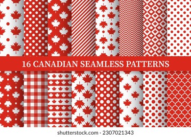 Canada Day seamless patterns set of 16.  Canadian red maple leaves backgrounds bundle. Vector template for fabric, textile, wallpaper, wrapping paper, etc.