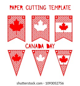 Canada day. A set of patterns of decorative flags for paper cutting. Stencil a garland with a Canadian maple for the decor of the party.