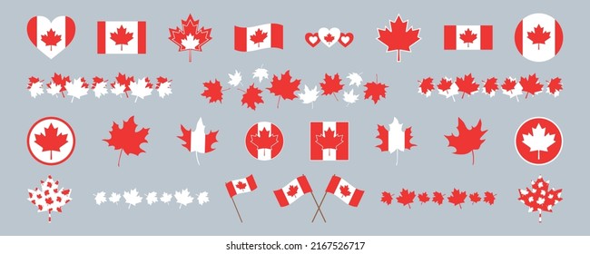 Canada day set. Vector decorative elements, isolated on grey background. Sign symbol Canada maple, white red colors. National holiday, Dominion Day. Emblems and badges for Canadian parade, party.