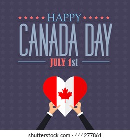 Canada Day Theme, National Celebration Card, Hands Hold Heart Style Flags Flat Background, Badges Design