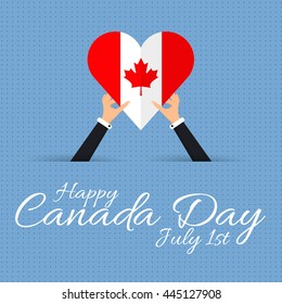 Canada Day Theme, National Celebration Card, Hands Hold Heart Style Flags Flat Background, Badges Design