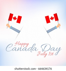 Canada Day Theme, National Celebration Card, Hands Hold Flag Flat Background, Badges Design