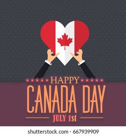 Canada Day Theme, National Celebration Card, Hands Hold Flag Flat Background, Badges Design