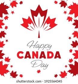 Happy Canada Day Kalligrafie, die roten Ahornblatthintergrund prägt. Illustrationsvektor. Einzigartige typografische Grußkarte, Dekorationsbezug. Banner Canada Day ersten 1. Juli. Urlaubseinladungs-Design