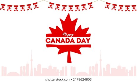 Canada Day Vector Illustration. Canada Independence day vector background with Canada skyline, leave with Canada flag pennants.