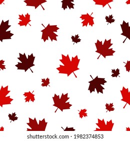 Canada Day Vector Seamless Patterns in Red Maple Leaf on white background. Vector background. Happy Celebration Banner. 1st July. Texture for fabrics, cards, fabrics, posters, boxes, packages, gifts.