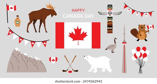 Canada Day vector set. Canadian flag, mountains, moose, beaver, maple leaf, Canada goose. Illustration in flat style. Objects on gray isolated background. 