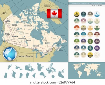 Canada Detailed Map Retro Colors With It's States and Flat Icons. D.I.Y.infographic set. All elements are separated in editable layers clearly labeled.