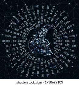 Canada digital map. Binary rays radiating around glowing country. Internet connections and data exchange design. Vector illustration.