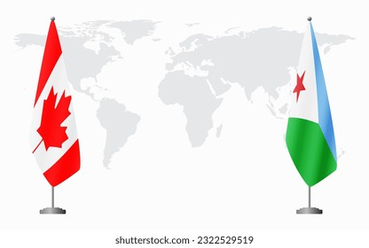Canada and Djibouti flags for official meeting against background of world map.