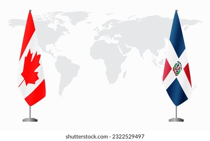 Canada and Dominican flags for official meeting against background of world map.