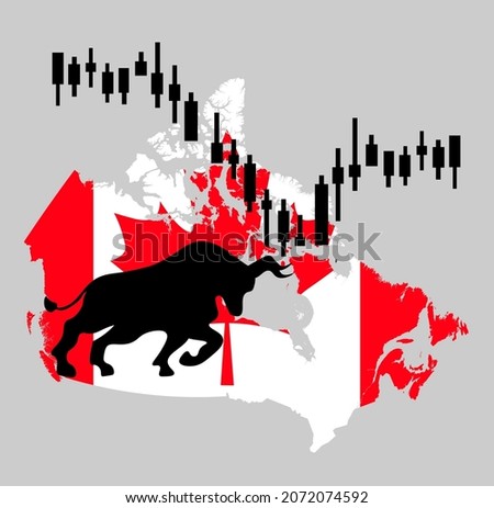 Canada economics vector illustration with flag of the Canada and business chart, bar chart stock numbers bull market, uptrend line graph symbolizes the growth up