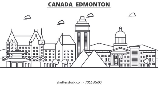 Canada, Edmonton Architecture Line Skyline Illustration. Linear Vector Cityscape With Famous Landmarks, City Sights, Design Icons. Landscape Wtih Editable Strokes