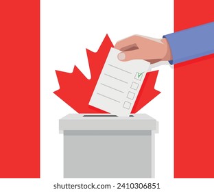 Canada election concept. Hand puts vote bulletin into vote box.