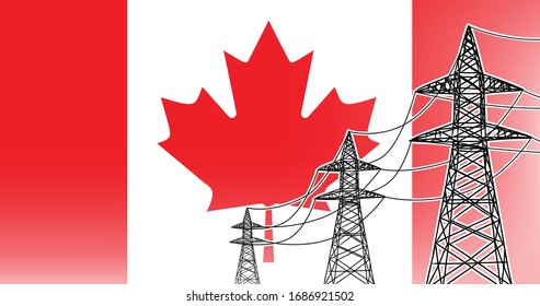 Canada electric power supply lines vector concept three high voltage poles with wires on flag background, used colors red, white