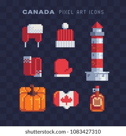 Canada elements culture pixel art set Part3, winter clothes, flag of Canada in heart shape, bottle of syrup, pumpkin. Isolated vector illustration. Travel and tourism. 8-bit. Design sticker, app, logo