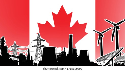 Vector de producción de energía del Canadá con energía solar, generadores eólicos, centrales de energía atómica y de carbón y líneas eléctricas en postes