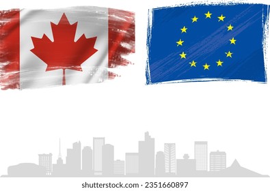 Canada and European Union  Vector Flag with the background of Buildings. Vector Illustration