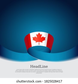 Fondo de la bandera de Canadá. Bandera de Canadá con cinta ondulada sobre fondo blanco azul. Afiche nacional. Diseño de folletos comerciales de vectores. Banner patriótico estatal canadiense, portada, volante