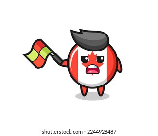 canada flag badge cartoon as the line judge hold the flag up at a 45 degree angle , cute style design for t shirt, sticker, logo element