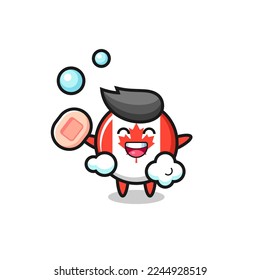 el personaje de la insignia de la bandera canadá está bañándose mientras sostiene jabón, diseño de estilo lindo para camiseta, pegatina, elemento logo