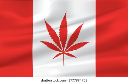 Canada flag blowing in the wind with Cannabis icon Cannabis legalization concept. Vector illustration. Eps 10 vector file.