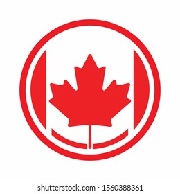 Canada Flag Button. Circle Canadian Flag Red Maple Leaf Icon Vector