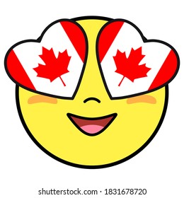 Canada flag button. Patriotic smile in hearts glasses. Emoji icon isolated on white background.