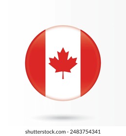 Canada flag. Canadian round flag glossy and 3d shining. National flag of Canada for national day celebration isolated on white background vector illustration.