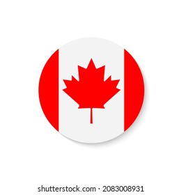 Canada flag. Circle flag of canada. Round canadian icon with shadow isolated on white background. Official symbol with red maple leaf. Banner for north america country. Vector.